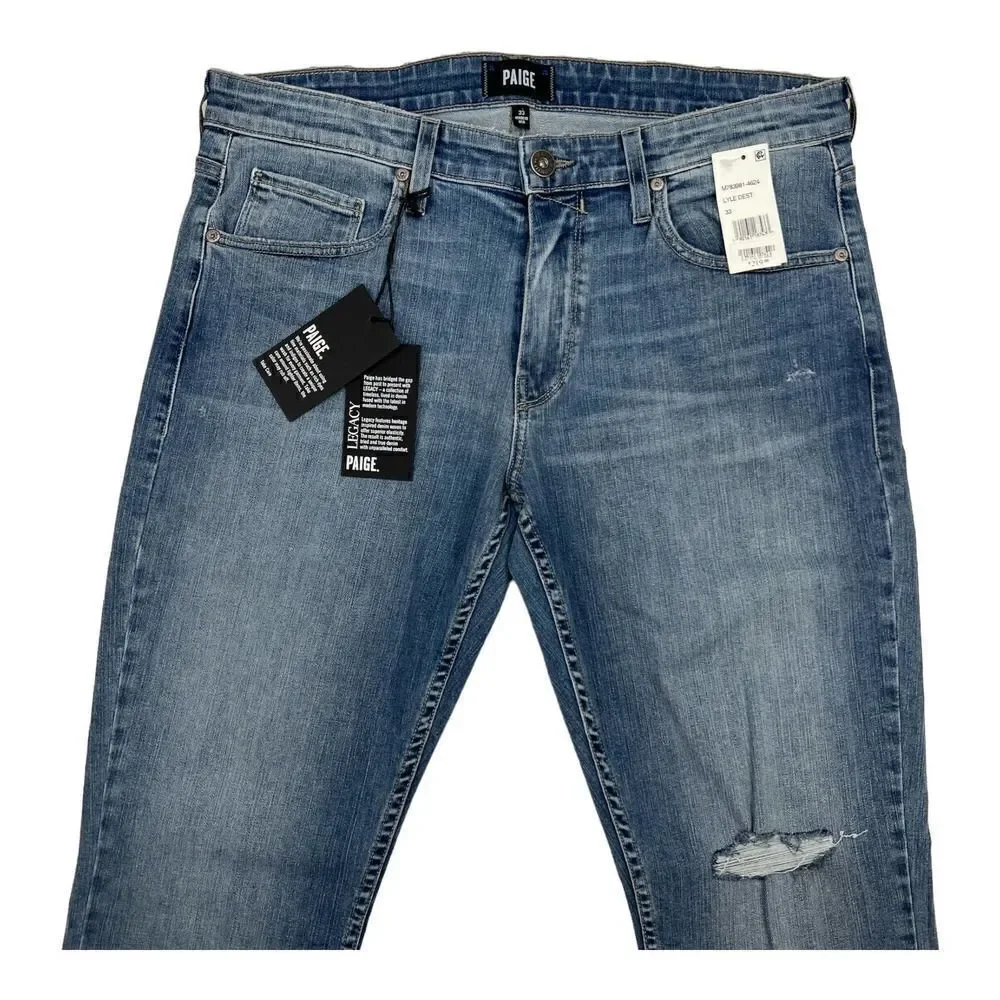 Paige Lennox Men Lyle Dest Denim Blue Slim Skinny Stretch Ripped Jeans US 33